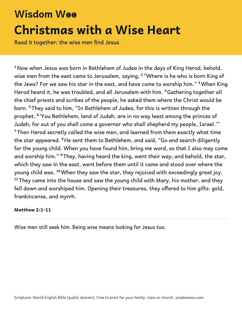 Page one of the Christmas with a Wise Heart printable with Matthew 2:1-11